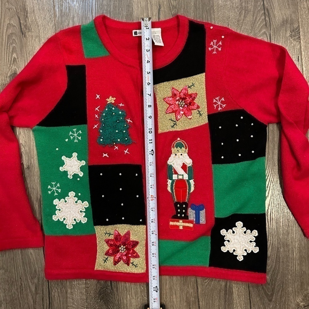 KB Womens Large Cardigan Ugly Sweater Christmas Tree Nutcracker Poinsettia VTG - Picture 5 of 9